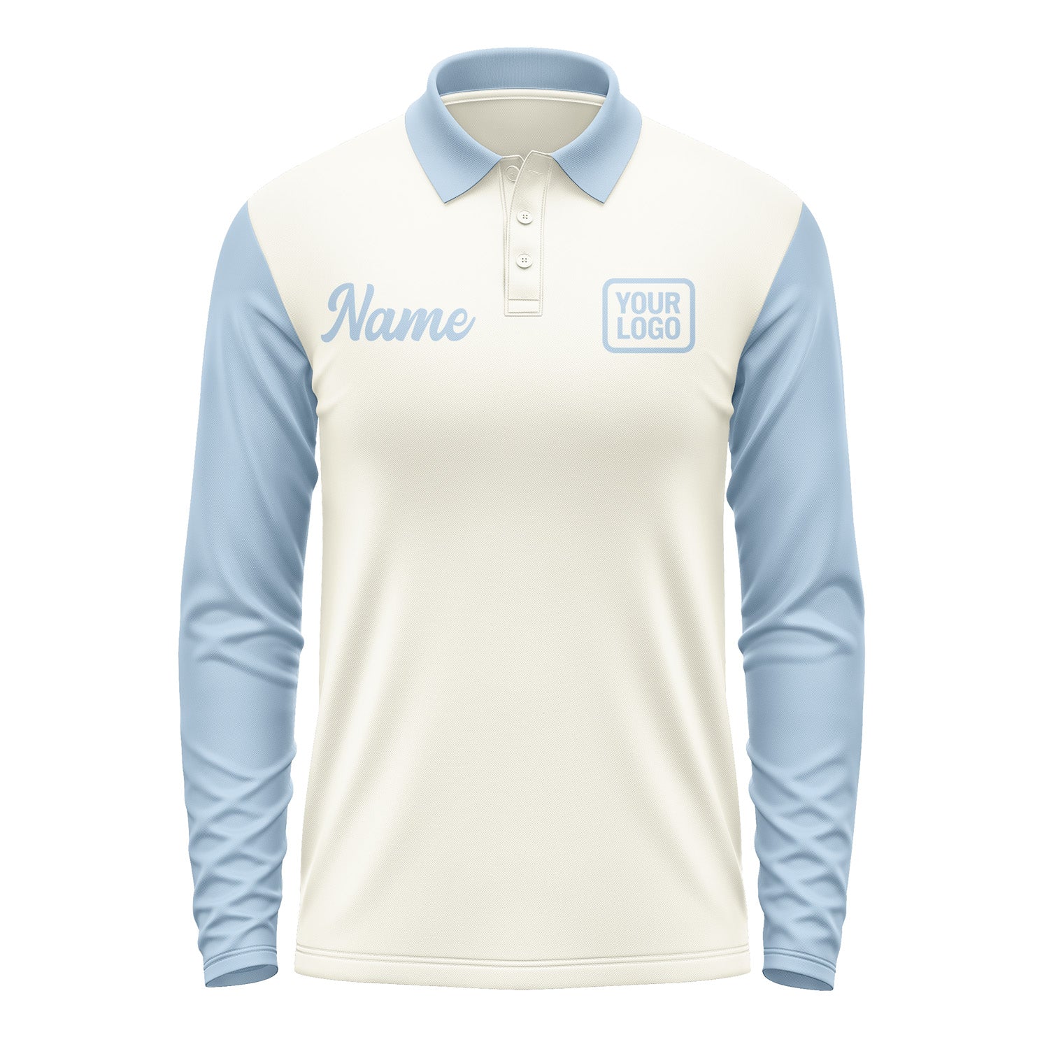 Custom Cream Light Blue Long Sleeve Polo Shirt Pl030808B108