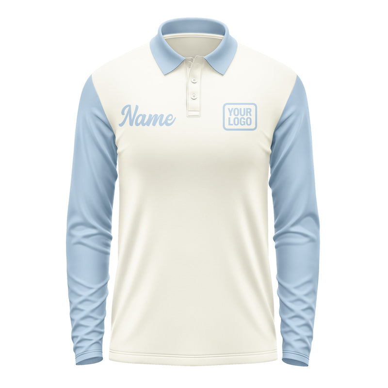 Custom Cream Light Blue Long Sleeve Polo Shirt Pl030808B108