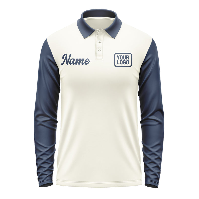 Custom Cream Blue Long Sleeve Polo Shirt Pl031010B110