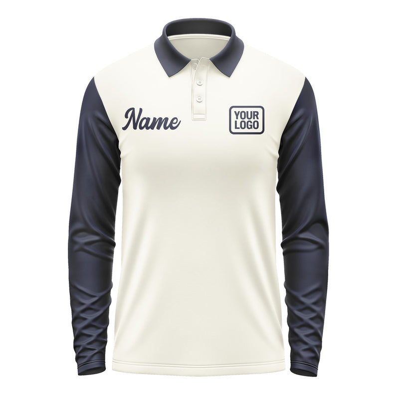 Custom Cream Navy Long Sleeve Polo Shirt Pl031111B111