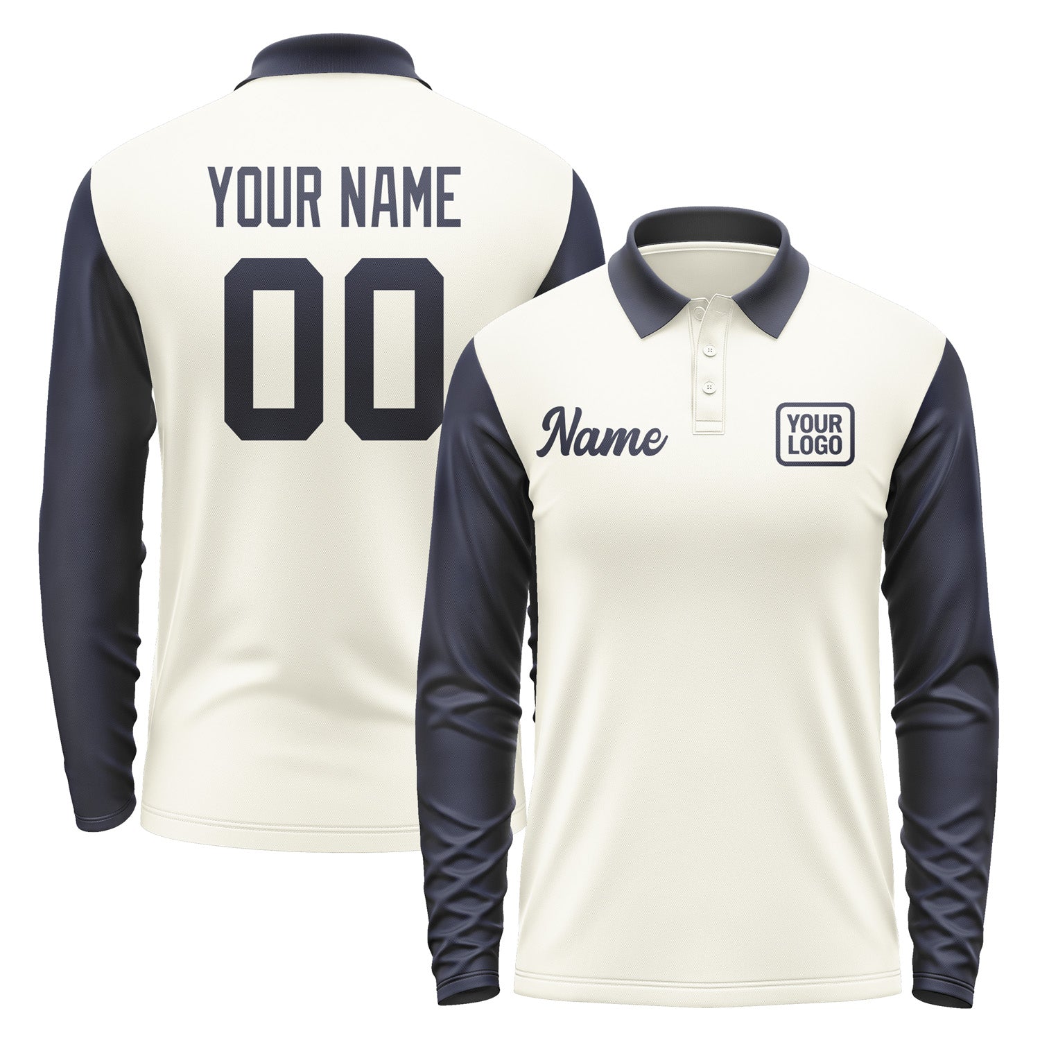 Custom Cream Navy Long Sleeve Polo Shirt Pl031111B111