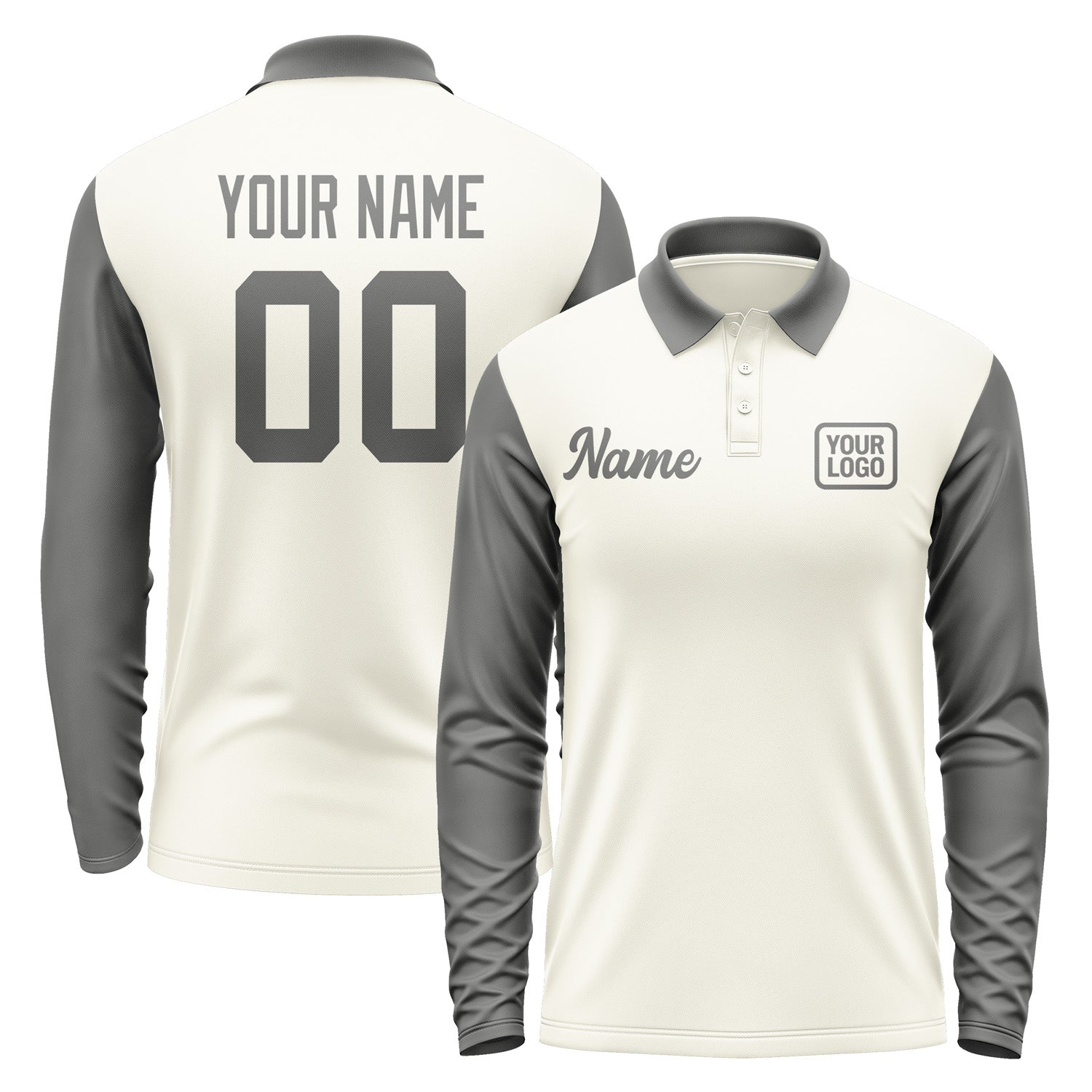 Custom Cream Dark Grey Long Sleeve Polo Shirt Pl032020B120