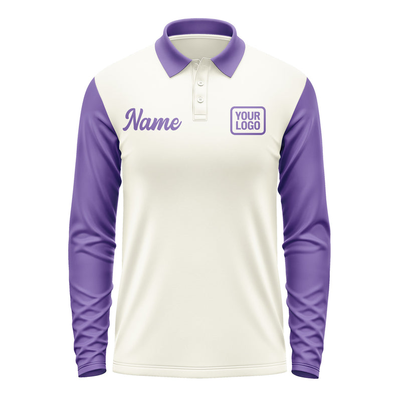 Custom Cream Light Purple Long Sleeve Polo Shirt Pl032323B123