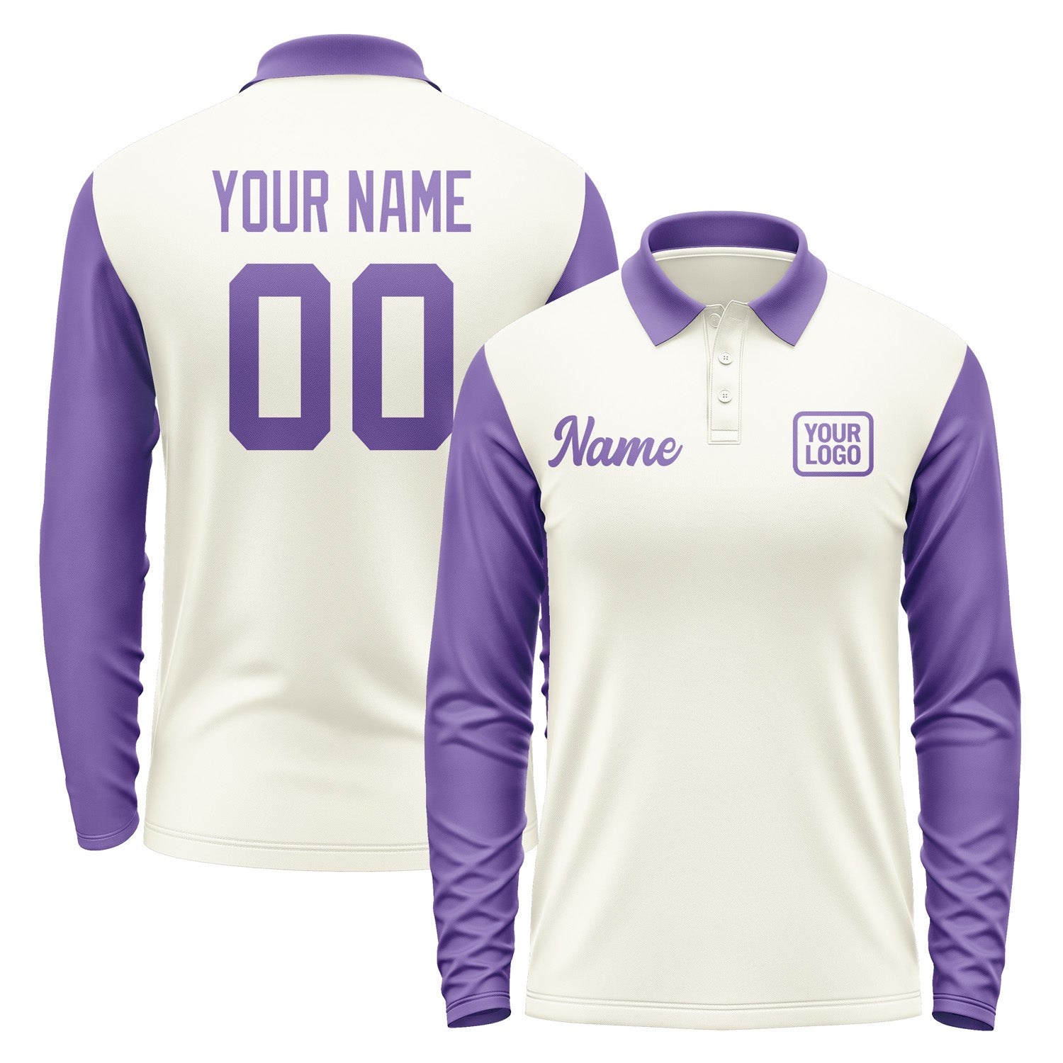 Custom Cream Light Purple Long Sleeve Polo Shirt Pl032323B123