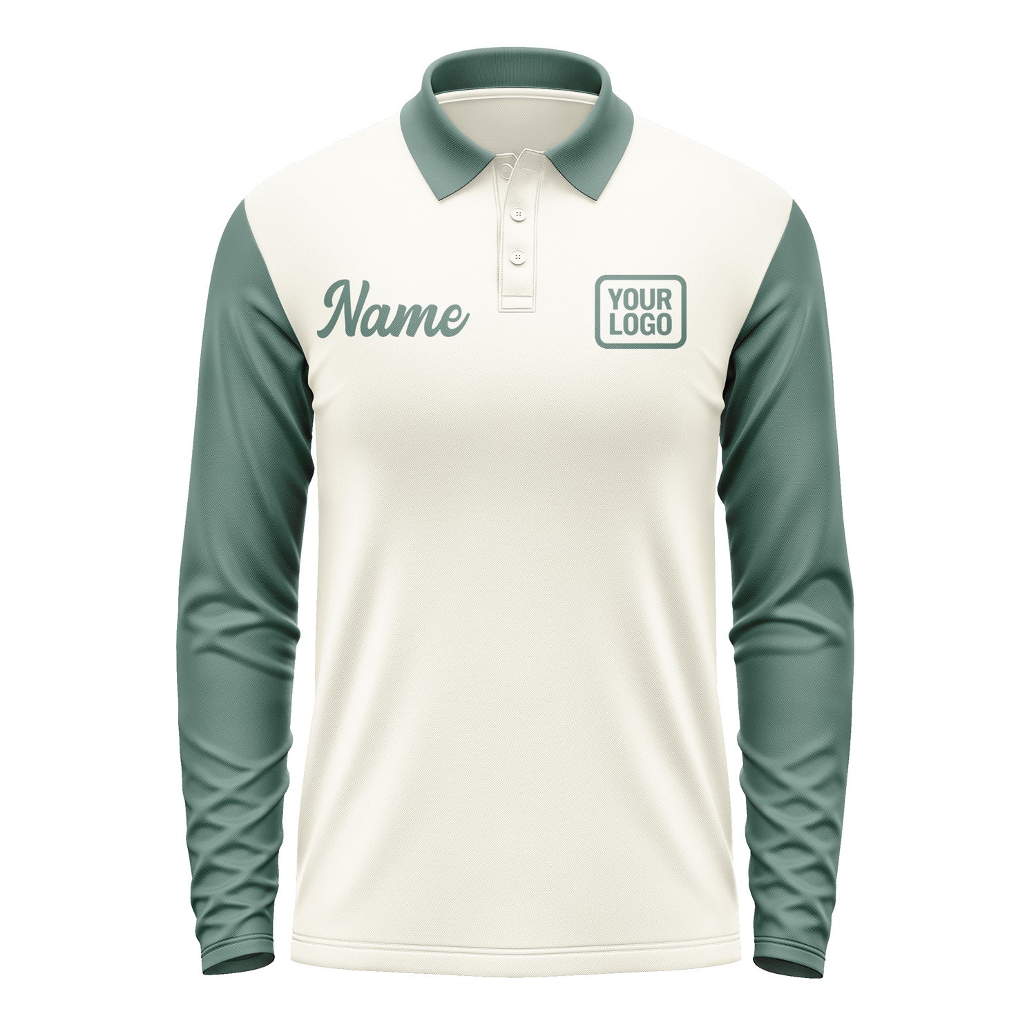 Custom Cream Blue Green Long Sleeve Polo Shirt Pl032727B127