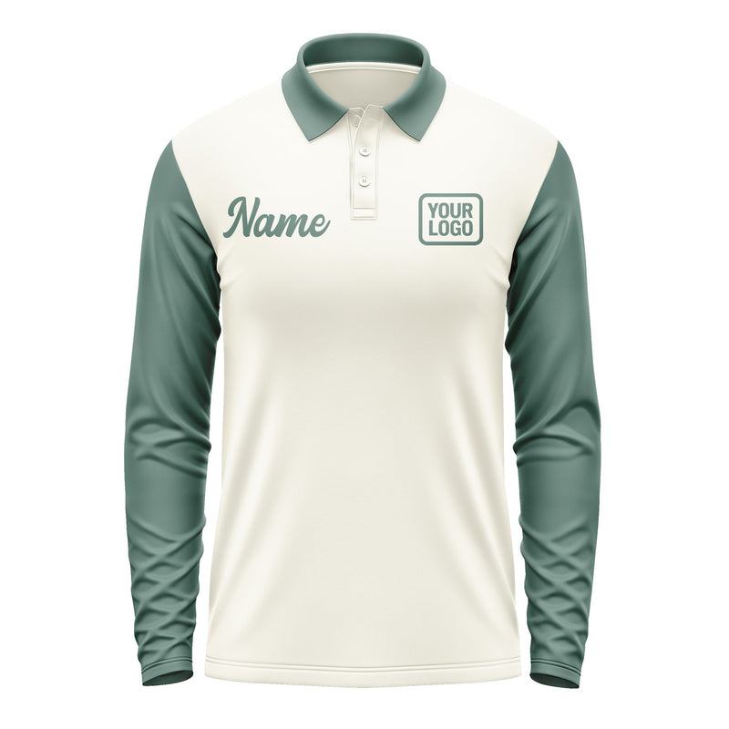 Custom Cream Blue Green Long Sleeve Polo Shirt Pl032727B127