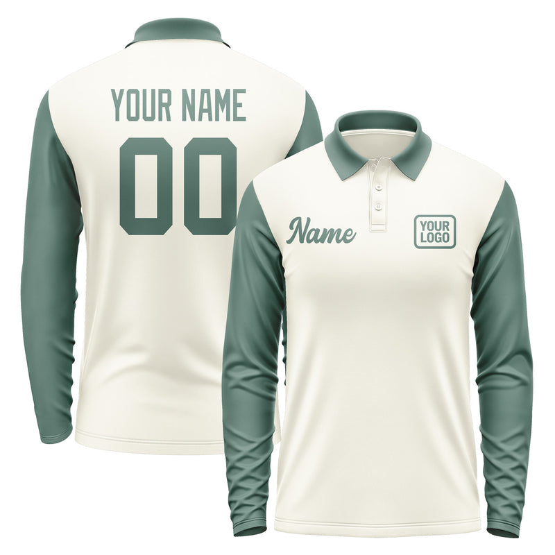 Custom Cream Blue Green Long Sleeve Polo Shirt Pl032727B127