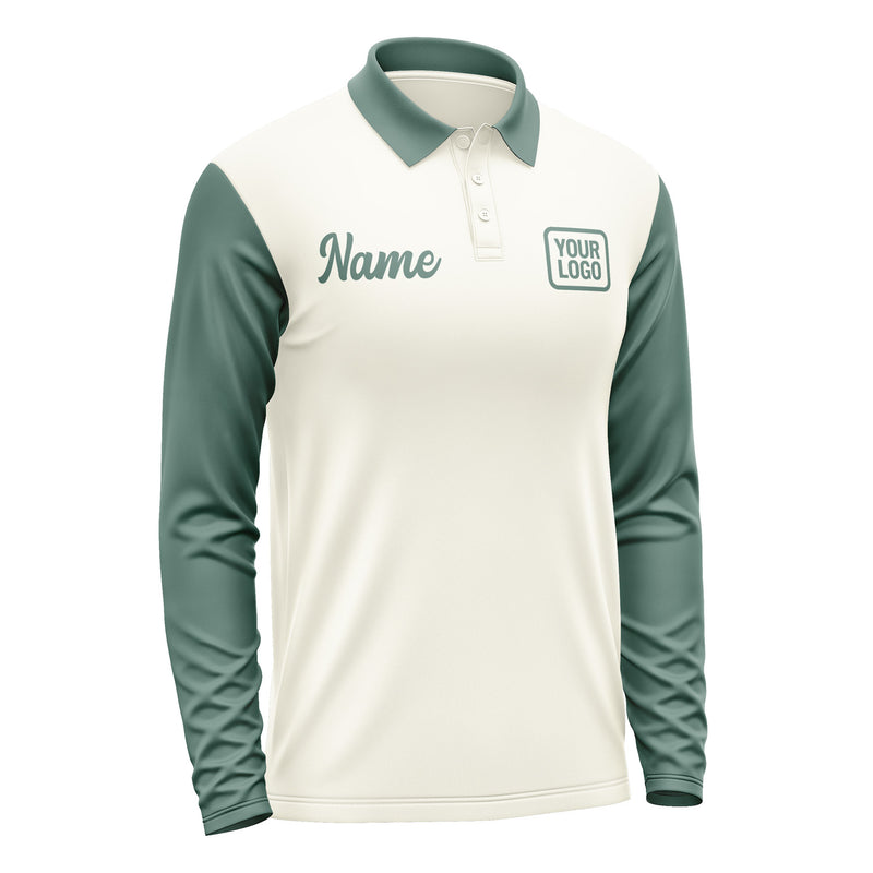 Custom Cream Blue Green Long Sleeve Polo Shirt Pl032727B127