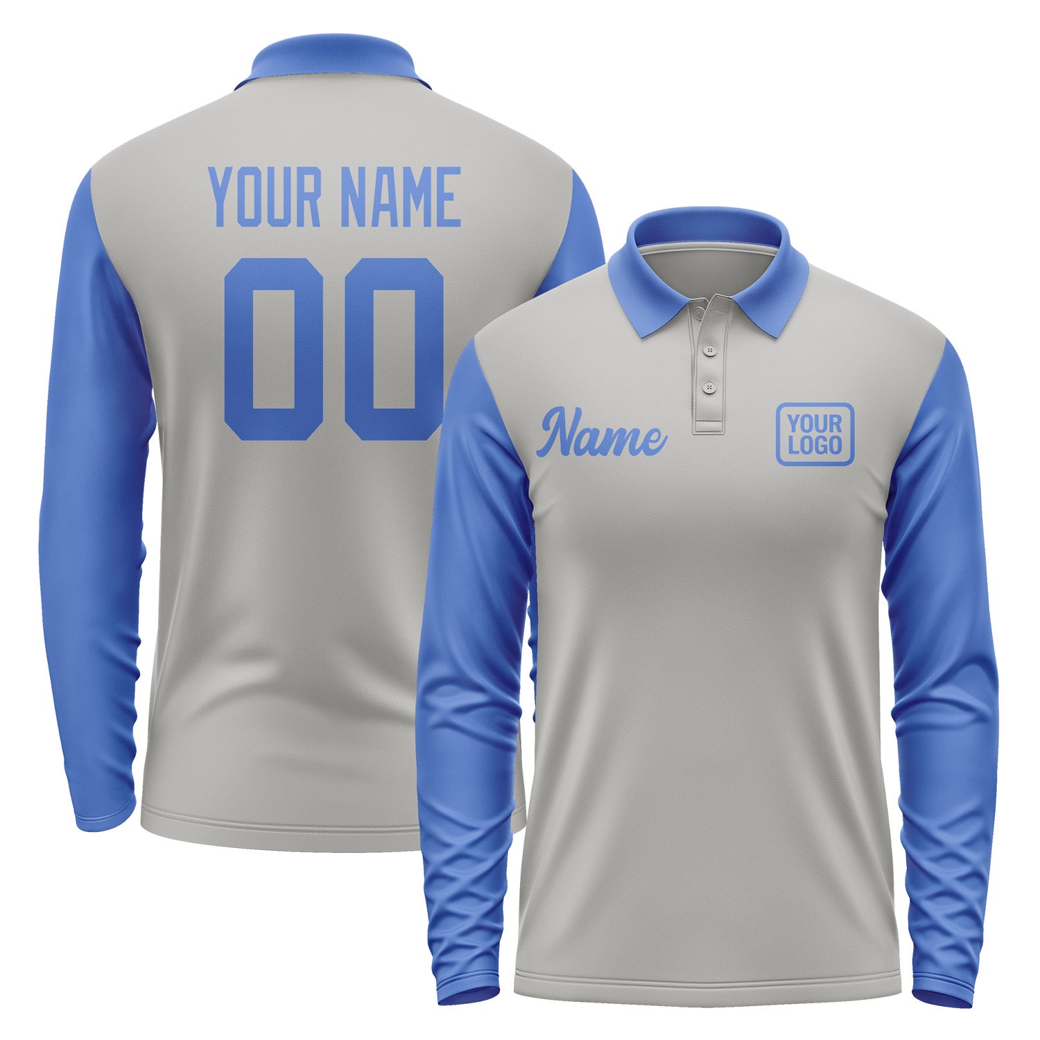 Custom Gray Sky Blue Long Sleeve Polo Shirt Pl040909B109