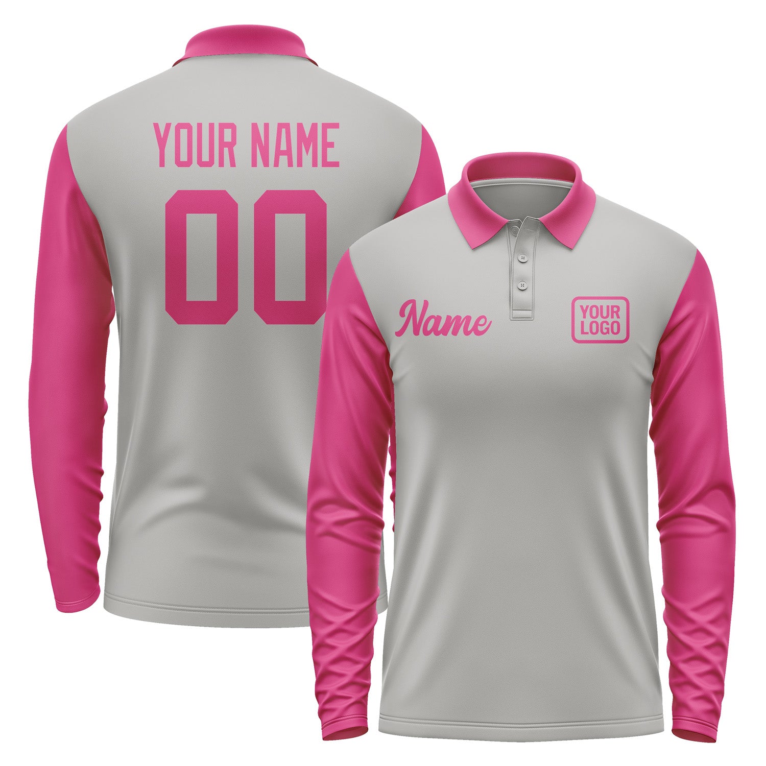 Custom Gray Pink Long Sleeve Polo Shirt Pl041313B113