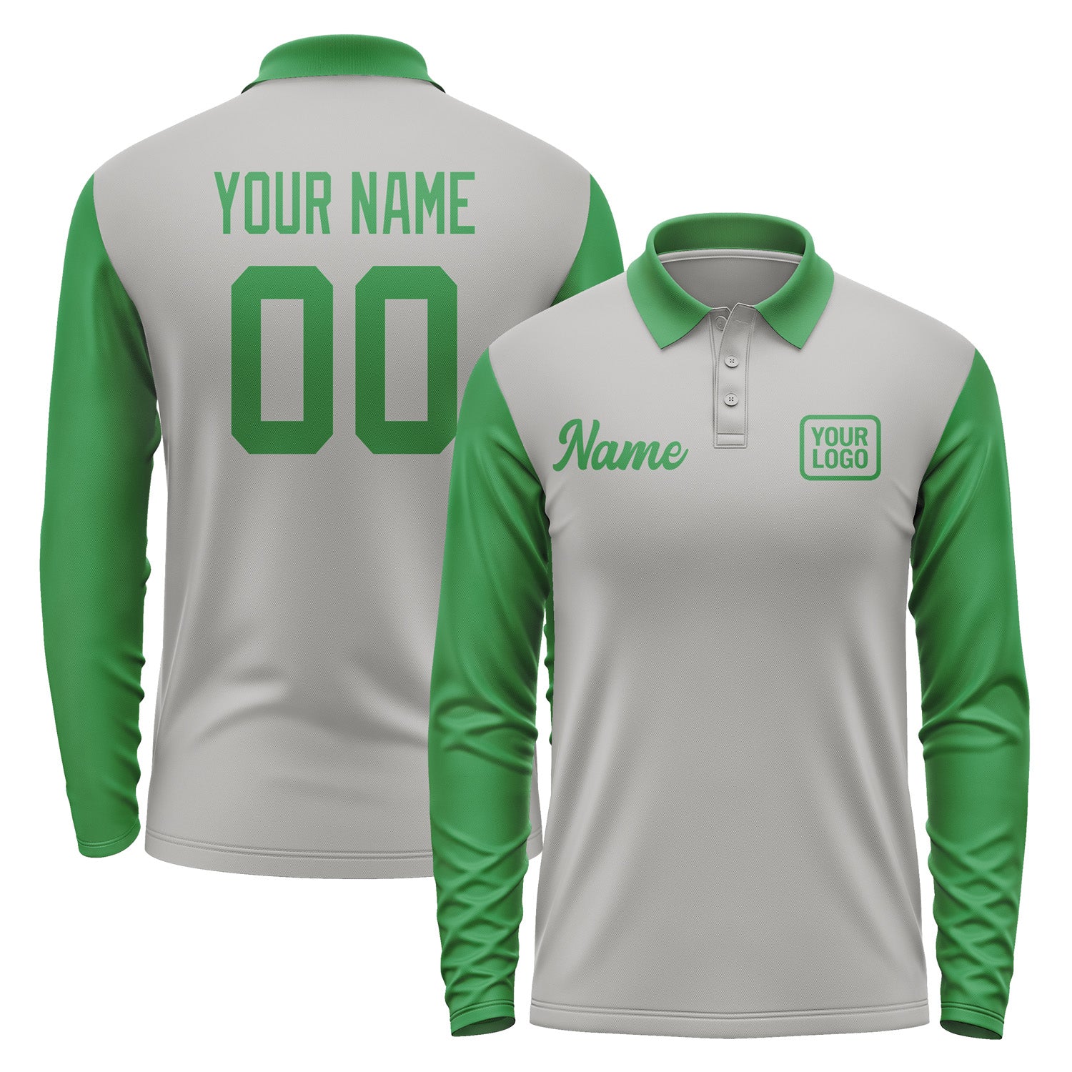 Custom Gray Emerald Green Long Sleeve Polo Shirt Pl042424B124