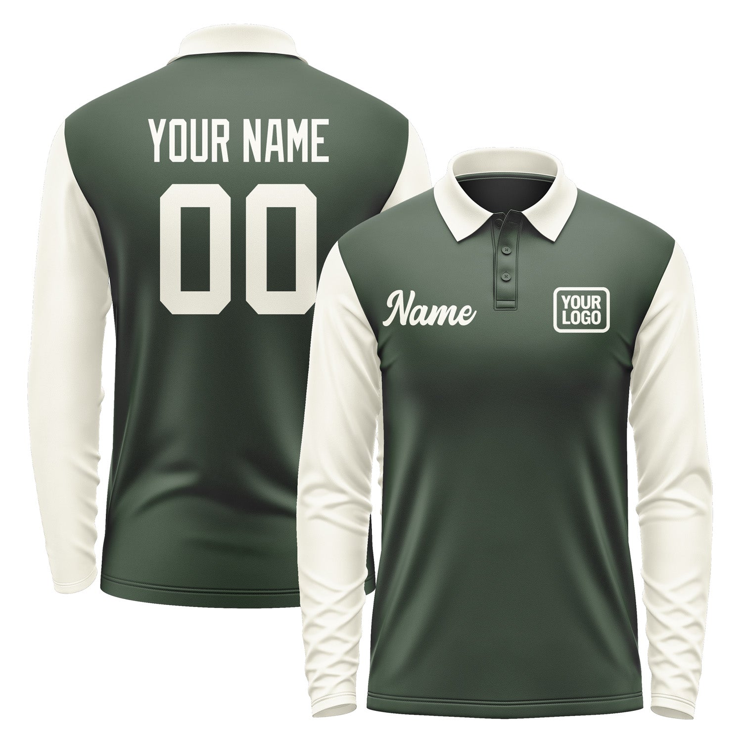 Custom Dark Green Cream Long Sleeve Polo Shirt Pl060303B103