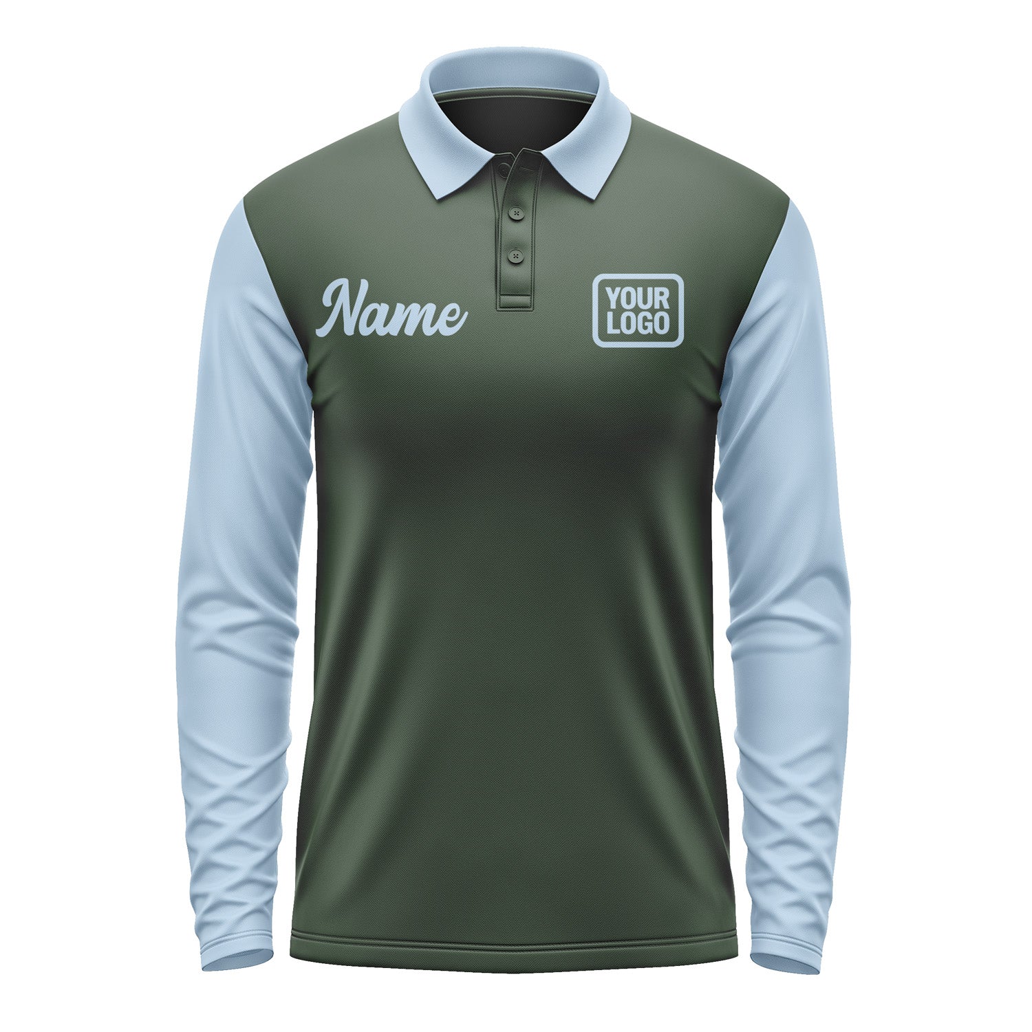 Custom Dark Green Light Blue Long Sleeve Polo Shirt Pl060808B108
