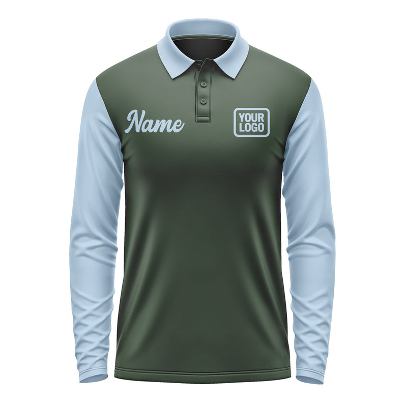 Custom Dark Green Light Blue Long Sleeve Polo Shirt Pl060808B108