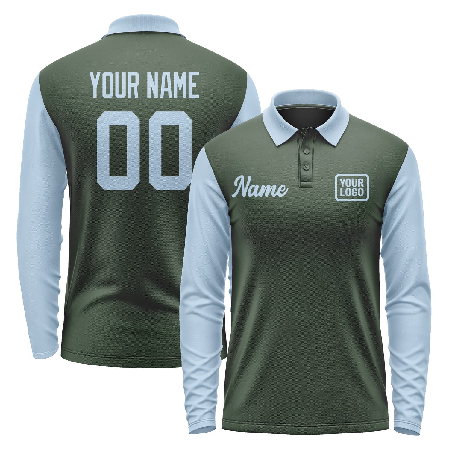 Custom Dark Green Light Blue Long Sleeve Polo Shirt Pl060808B108