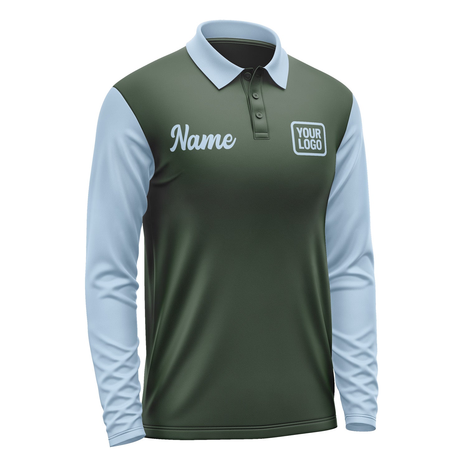Custom Dark Green Light Blue Long Sleeve Polo Shirt Pl060808B108