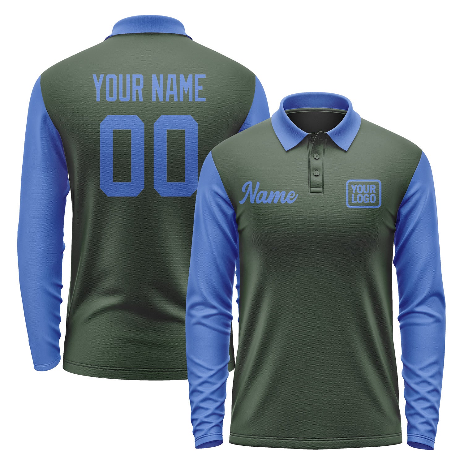 Custom Dark Green Sky Blue Long Sleeve Polo Shirt Pl060909B109