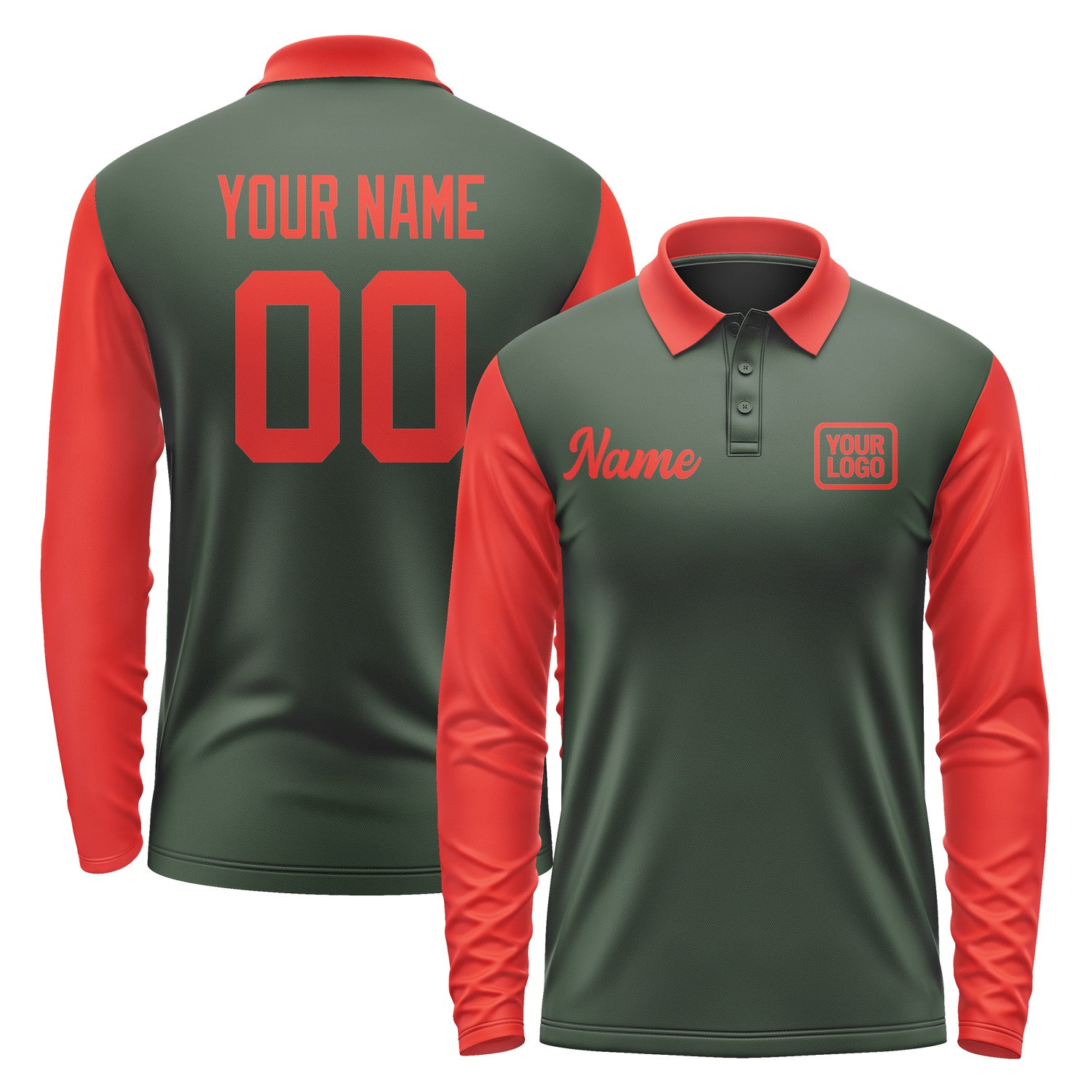 Custom Dark Green Orange Red Long Sleeve Polo Shirt Pl061212B112