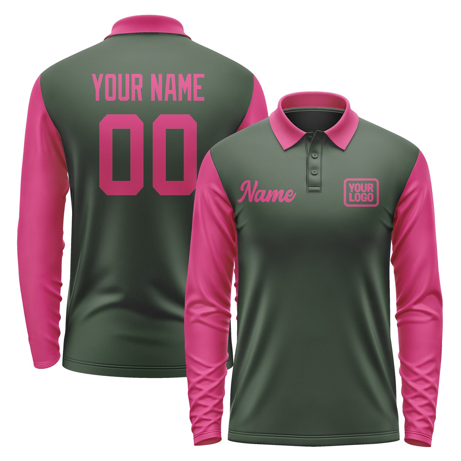 Custom Dark Green Pink Long Sleeve Polo Shirt Pl061313B113