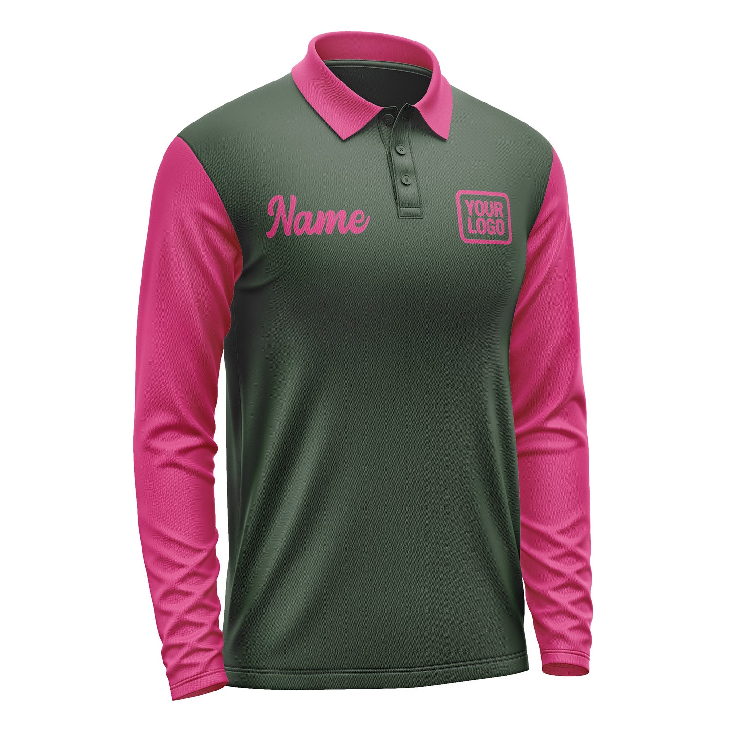 Custom Dark Green Pink Long Sleeve Polo Shirt Pl061313B113