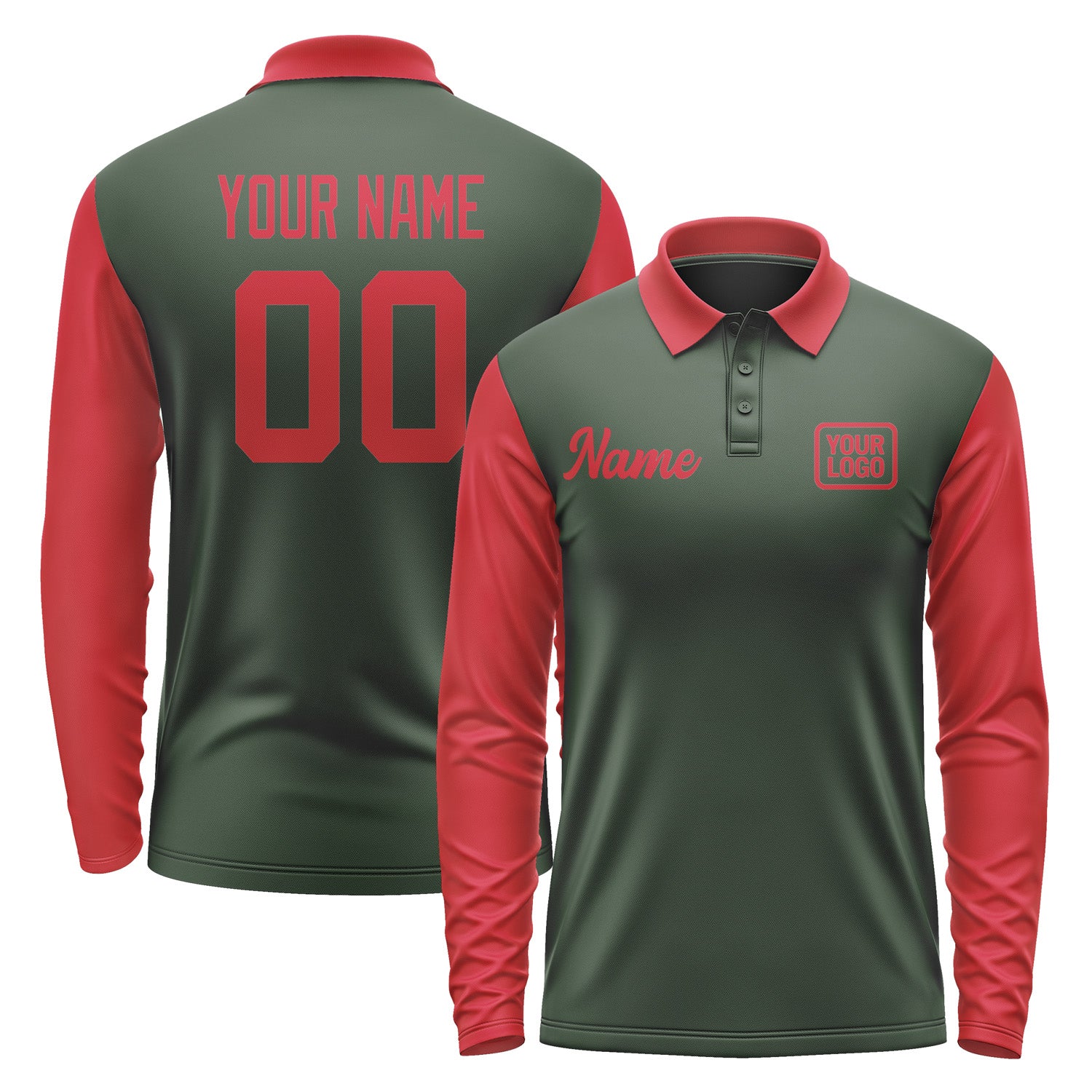 Custom Dark Green Red Long Sleeve Polo Shirt Pl061414B114