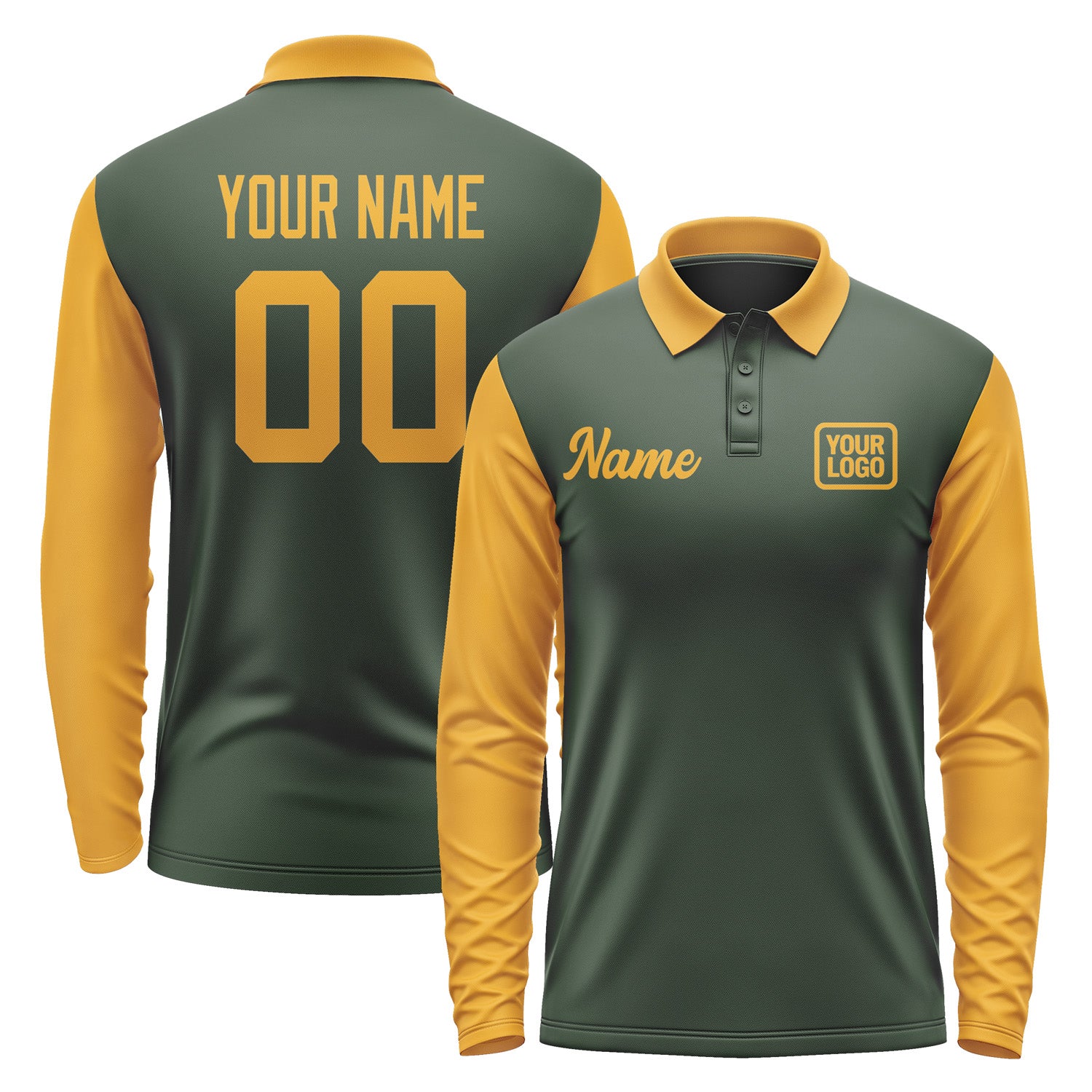 Custom Dark Green Yellow Long Sleeve Polo Shirt Pl061919B119
