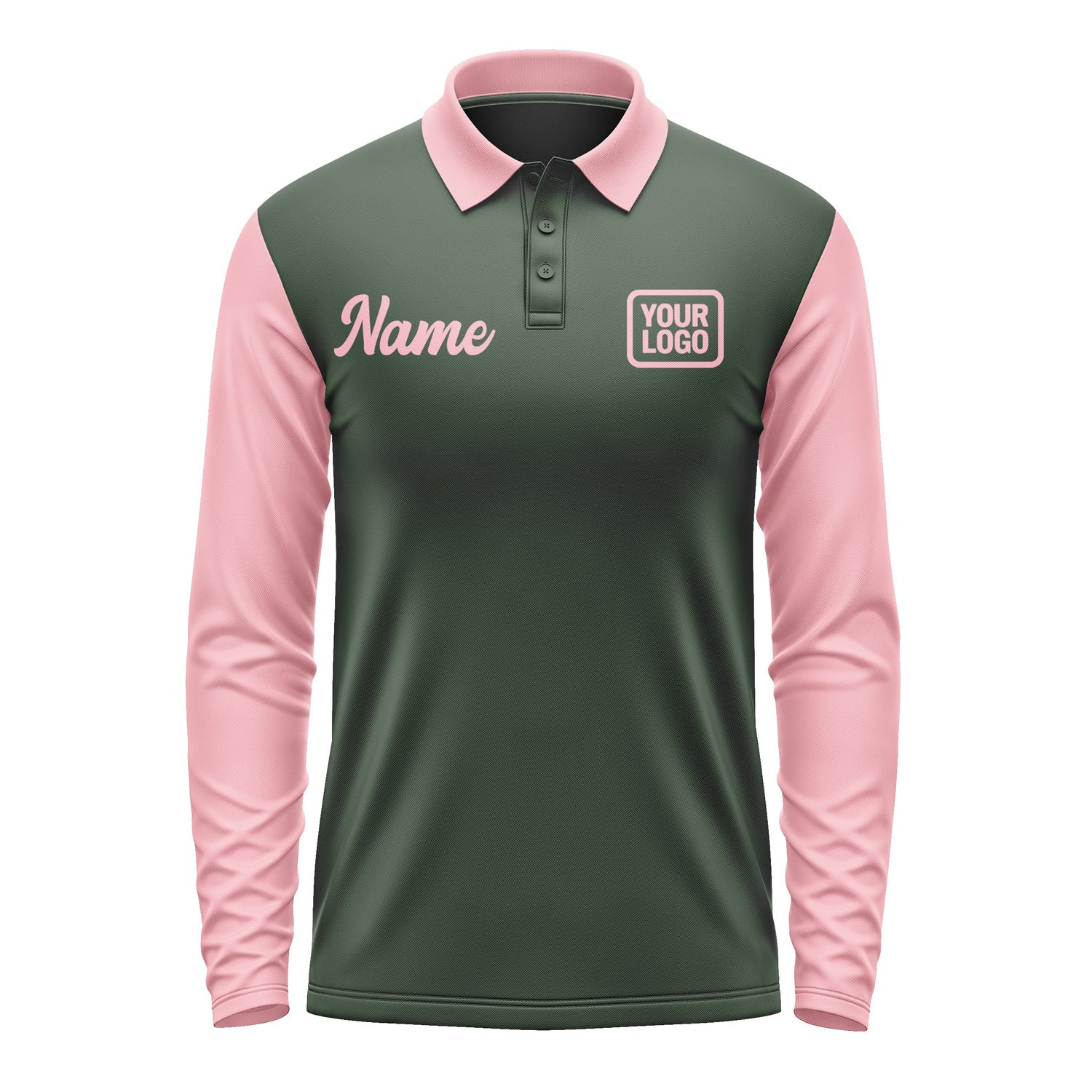 Custom Dark Green Light Pink Long Sleeve Polo Shirt Pl062121B121