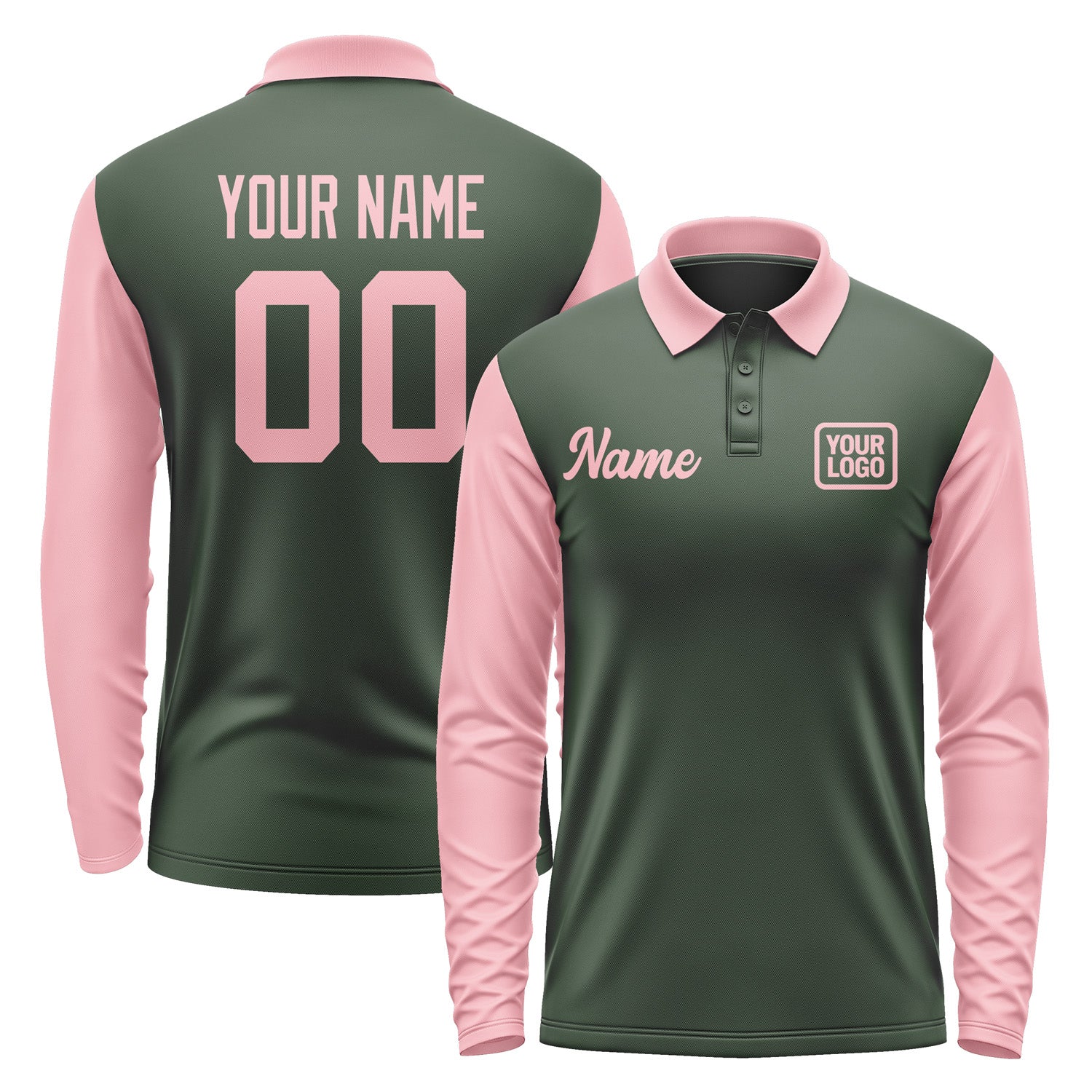 Custom Dark Green Light Pink Long Sleeve Polo Shirt Pl062121B121