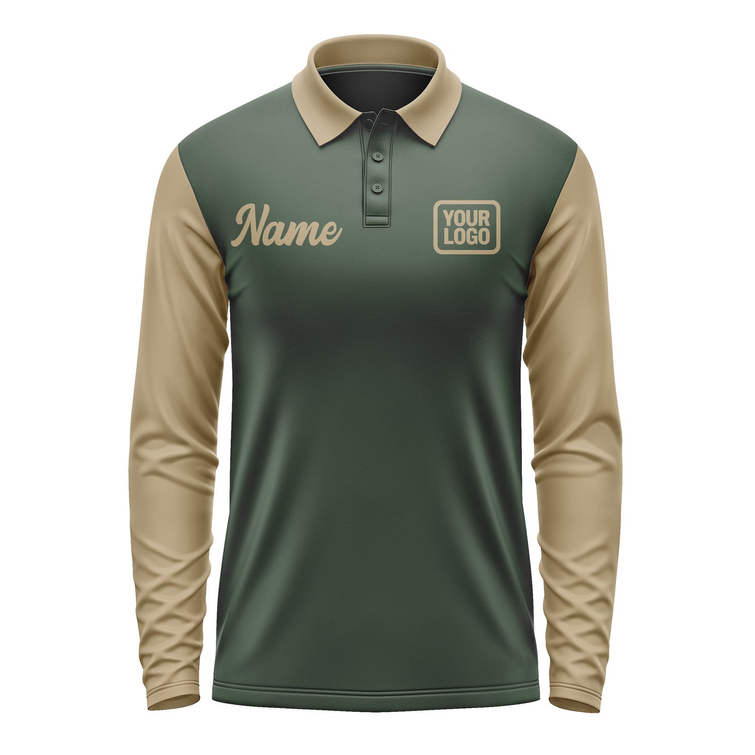 Custom Dark Green Light Khaki Long Sleeve Polo Shirt Pl062525B125