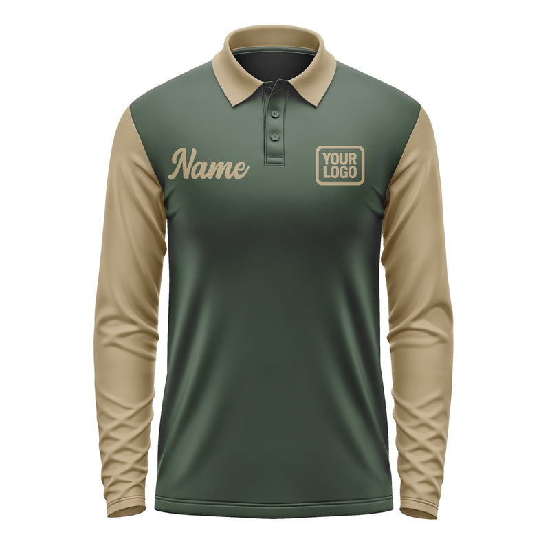 Custom Dark Green Light Khaki Long Sleeve Polo Shirt Pl062525B125