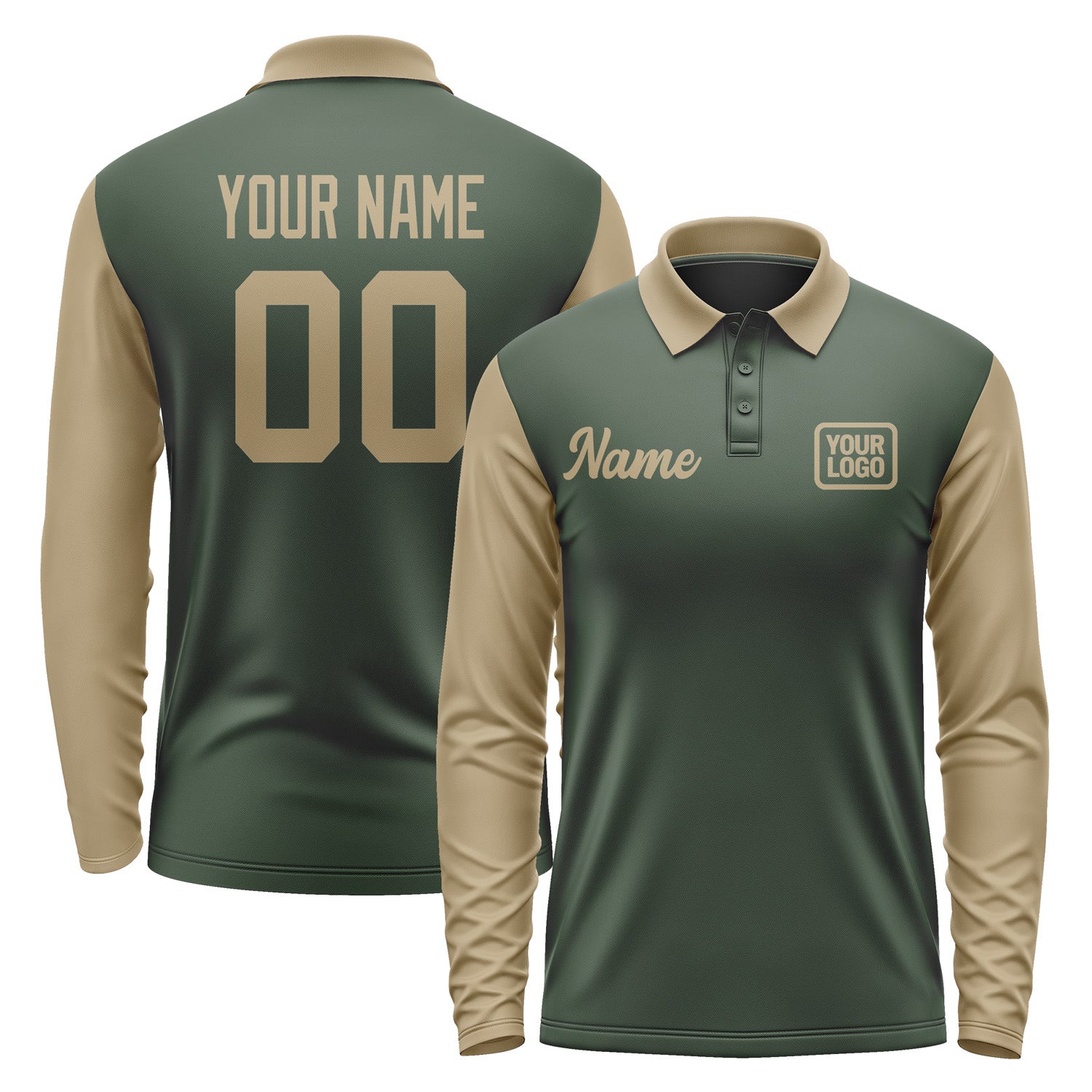 Custom Dark Green Light Khaki Long Sleeve Polo Shirt Pl062525B125