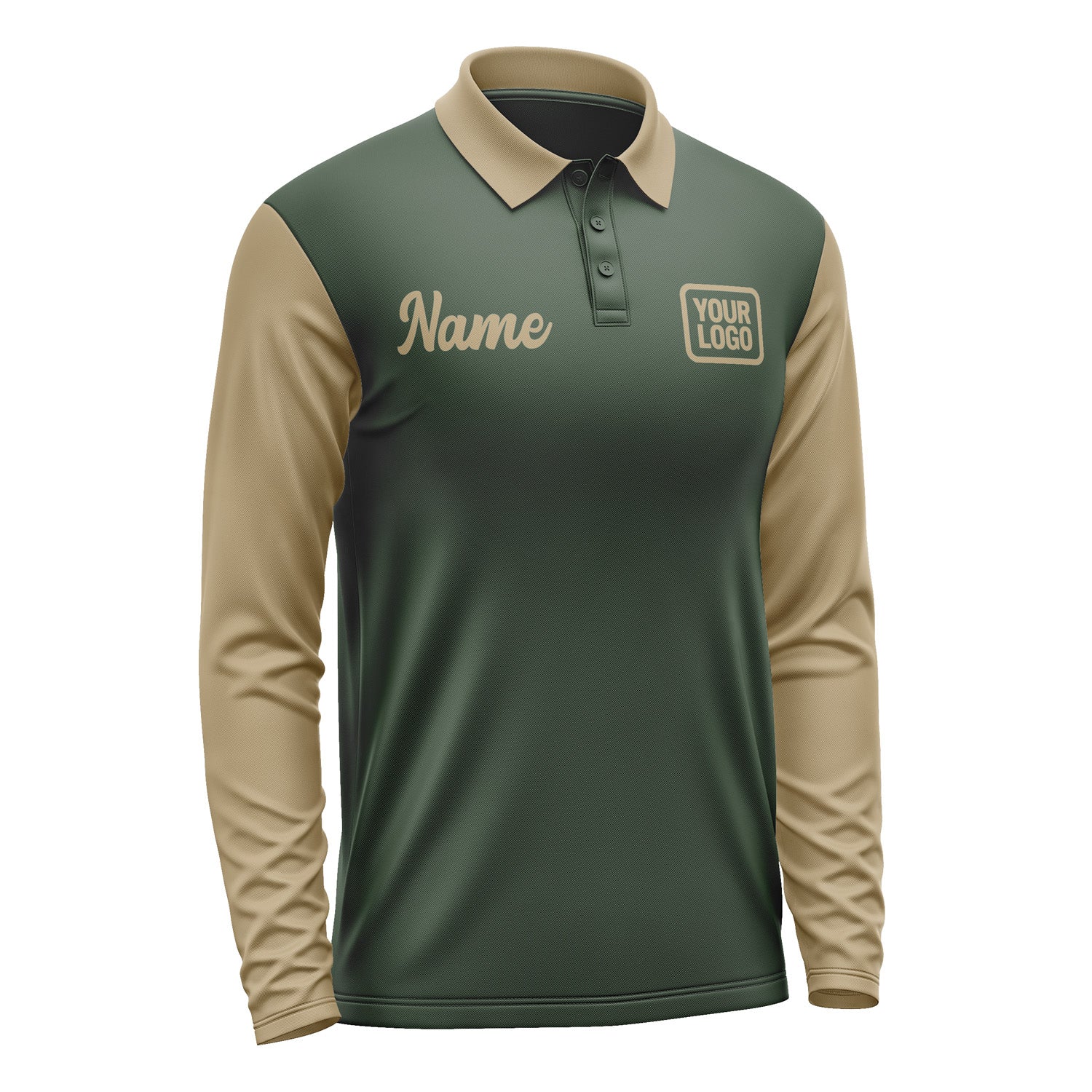 Custom Dark Green Light Khaki Long Sleeve Polo Shirt Pl062525B125