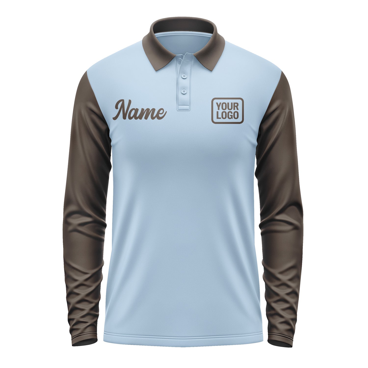 Custom Light Blue Brown Long Sleeve Polo Shirt Pl080101B101