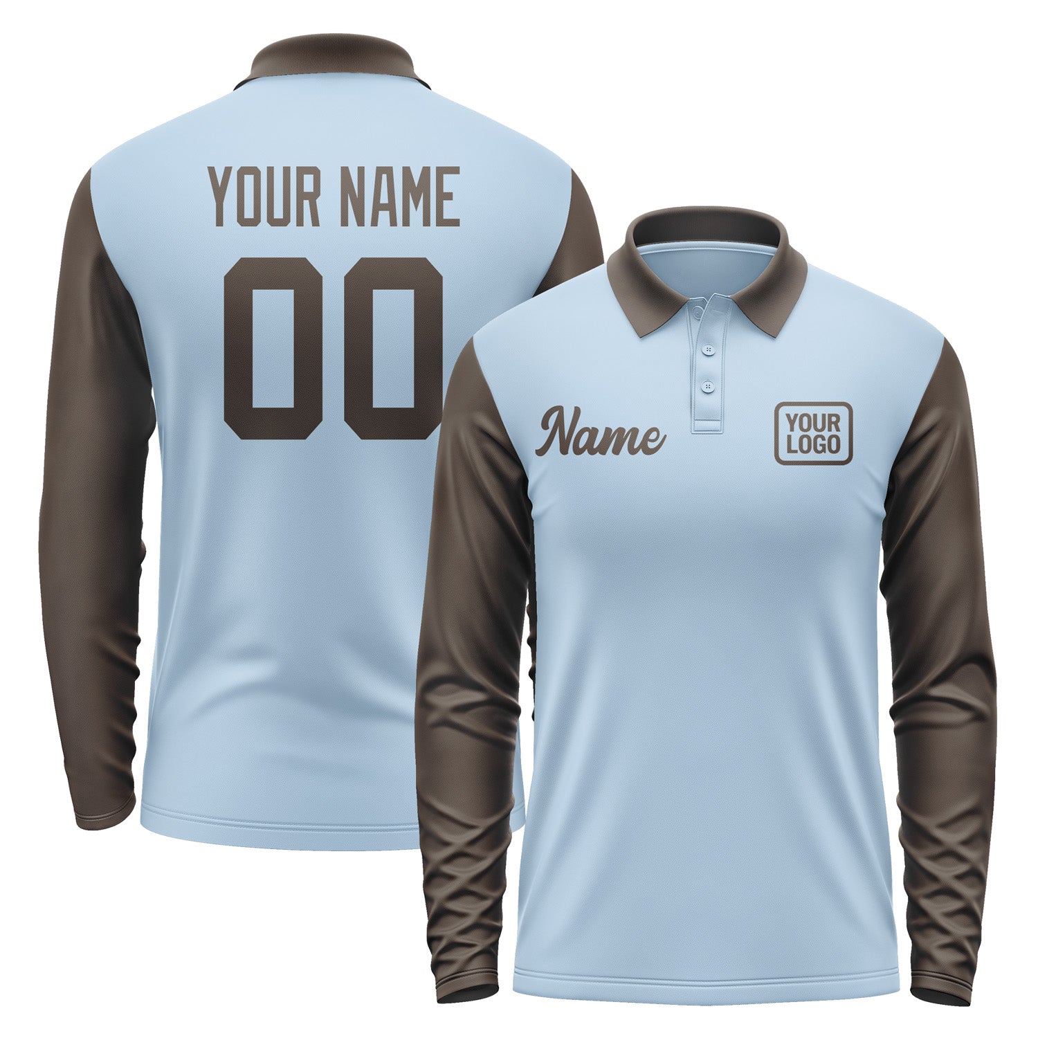 Custom Light Blue Brown Long Sleeve Polo Shirt Pl080101B101