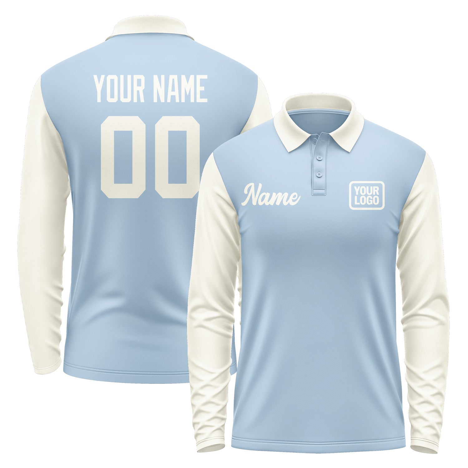 Custom Light Blue Cream Long Sleeve Polo Shirt Pl080303B103
