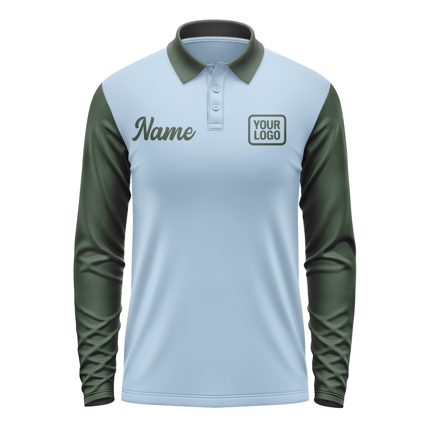 Custom Light Blue Dark Green Long Sleeve Polo Shirt Pl080606B106