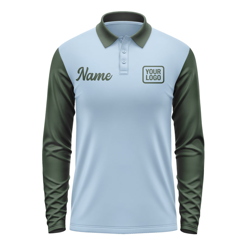 Custom Light Blue Dark Green Long Sleeve Polo Shirt Pl080606B106