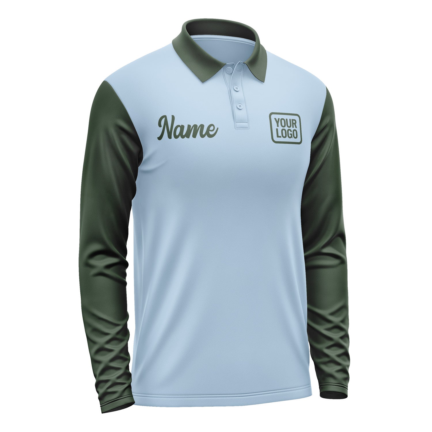 Custom Light Blue Dark Green Long Sleeve Polo Shirt Pl080606B106
