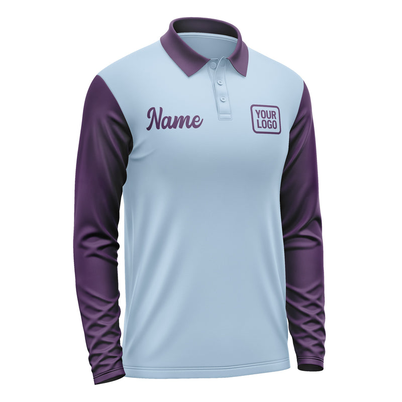Custom Light Blue Purple Long Sleeve Polo Shirt Pl080707B107