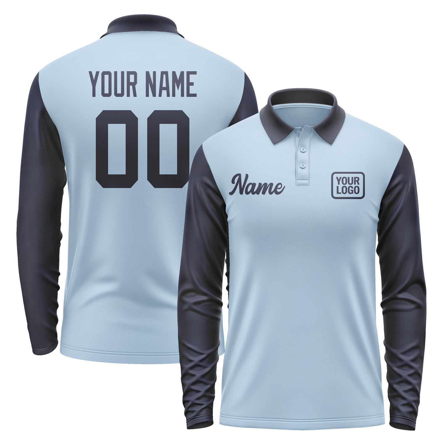 Custom Light Blue Navy Long Sleeve Polo Shirt Pl081111B111