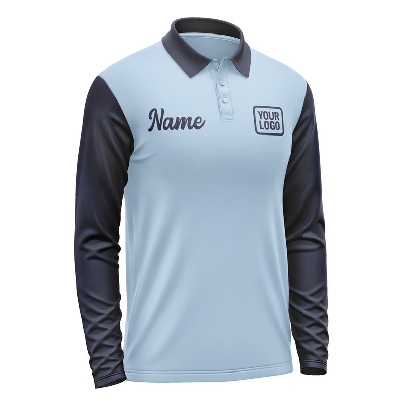 Custom Light Blue Navy Long Sleeve Polo Shirt Pl081111B111