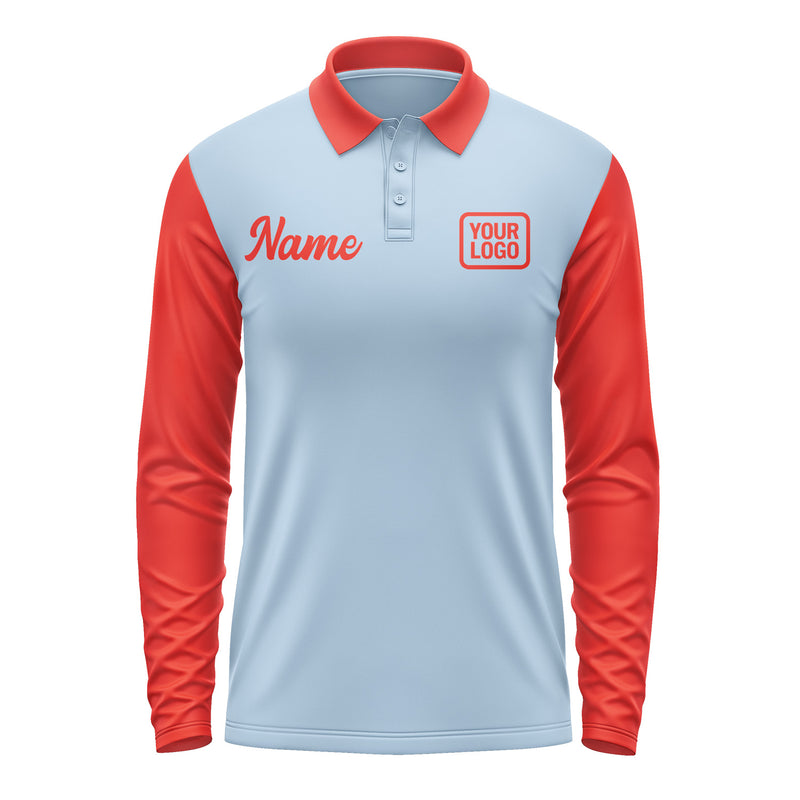 Custom Light Blue Orange Red Long Sleeve Polo Shirt Pl081212B112