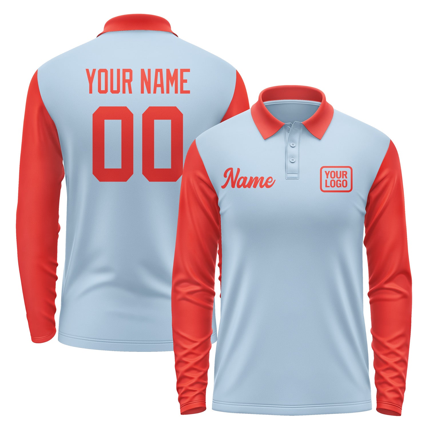 Custom Light Blue Orange Red Long Sleeve Polo Shirt Pl081212B112