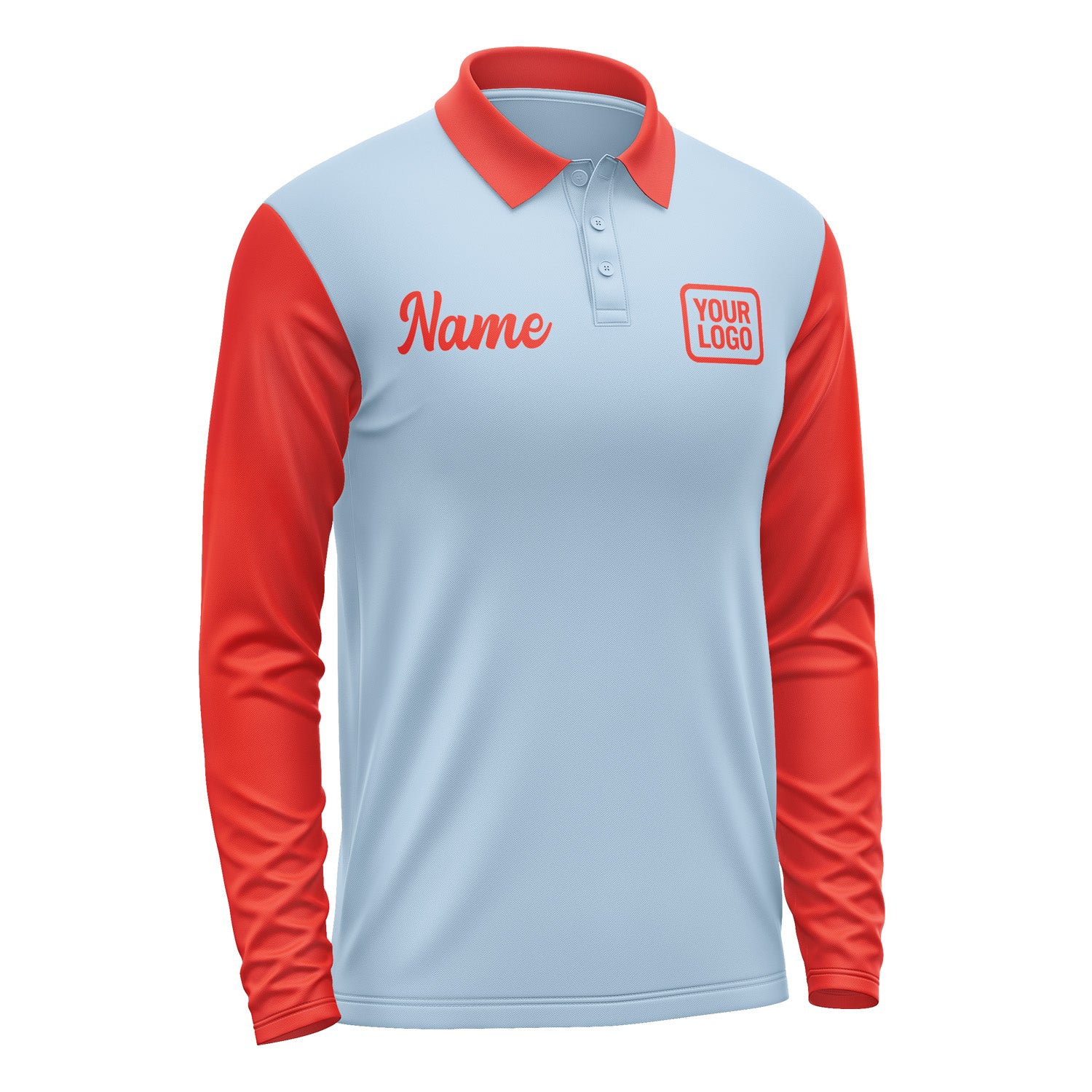 Custom Light Blue Orange Red Long Sleeve Polo Shirt Pl081212B112