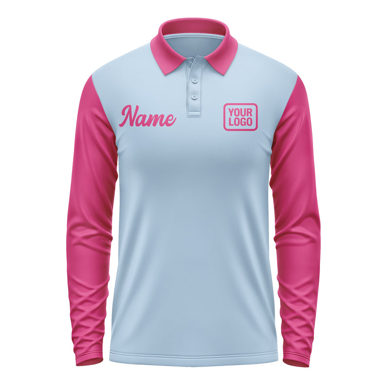 Custom Light Blue Pink Long Sleeve Polo Shirt Pl081313B113