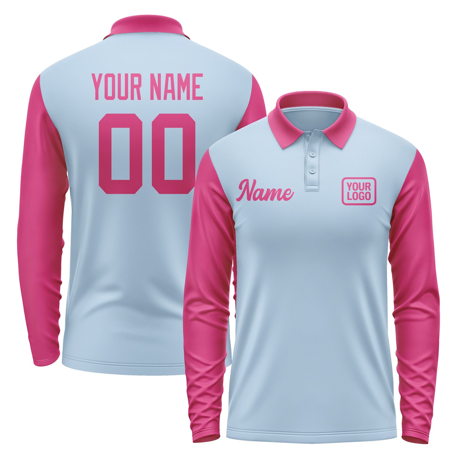 Custom Light Blue Pink Long Sleeve Polo Shirt Pl081313B113
