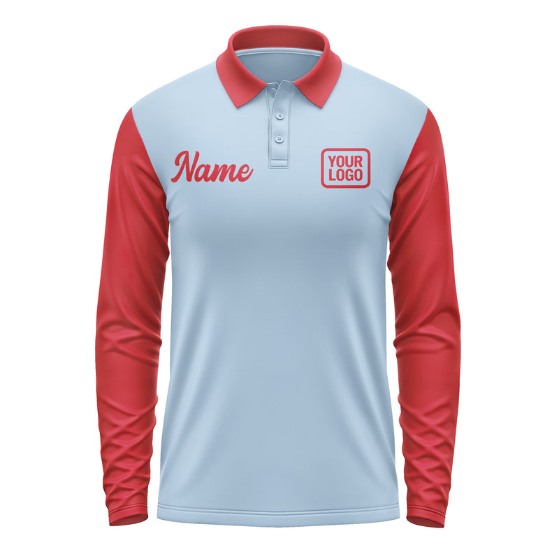 Custom Light Blue Red Long Sleeve Polo Shirt Pl081414B114