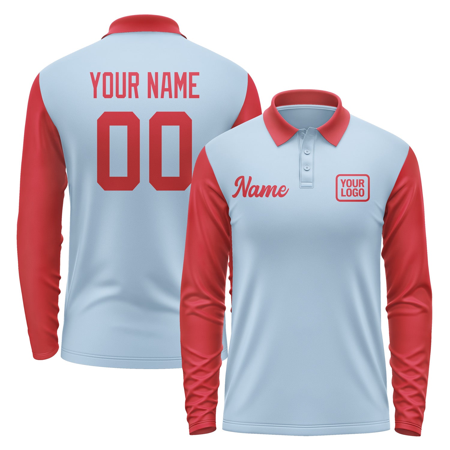 Custom Light Blue Red Long Sleeve Polo Shirt Pl081414B114