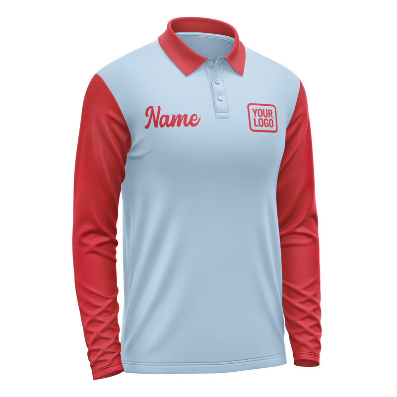 Custom Light Blue Red Long Sleeve Polo Shirt Pl081414B114
