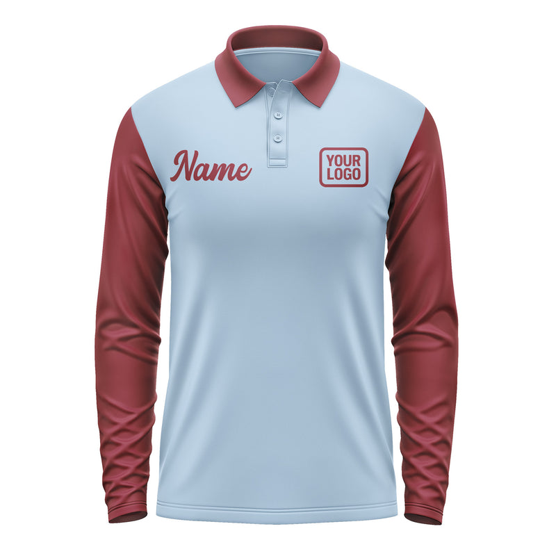 Custom Light Blue Crimson Red Long Sleeve Polo Shirt Pl081515B115